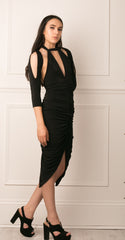 black dress, designer dress, sleeves. 